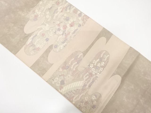 JAPANESE KIMONO / ANTIQUE FUKURO OBI / SILK / WOVEN CRANE & SHOCHIKUBAI